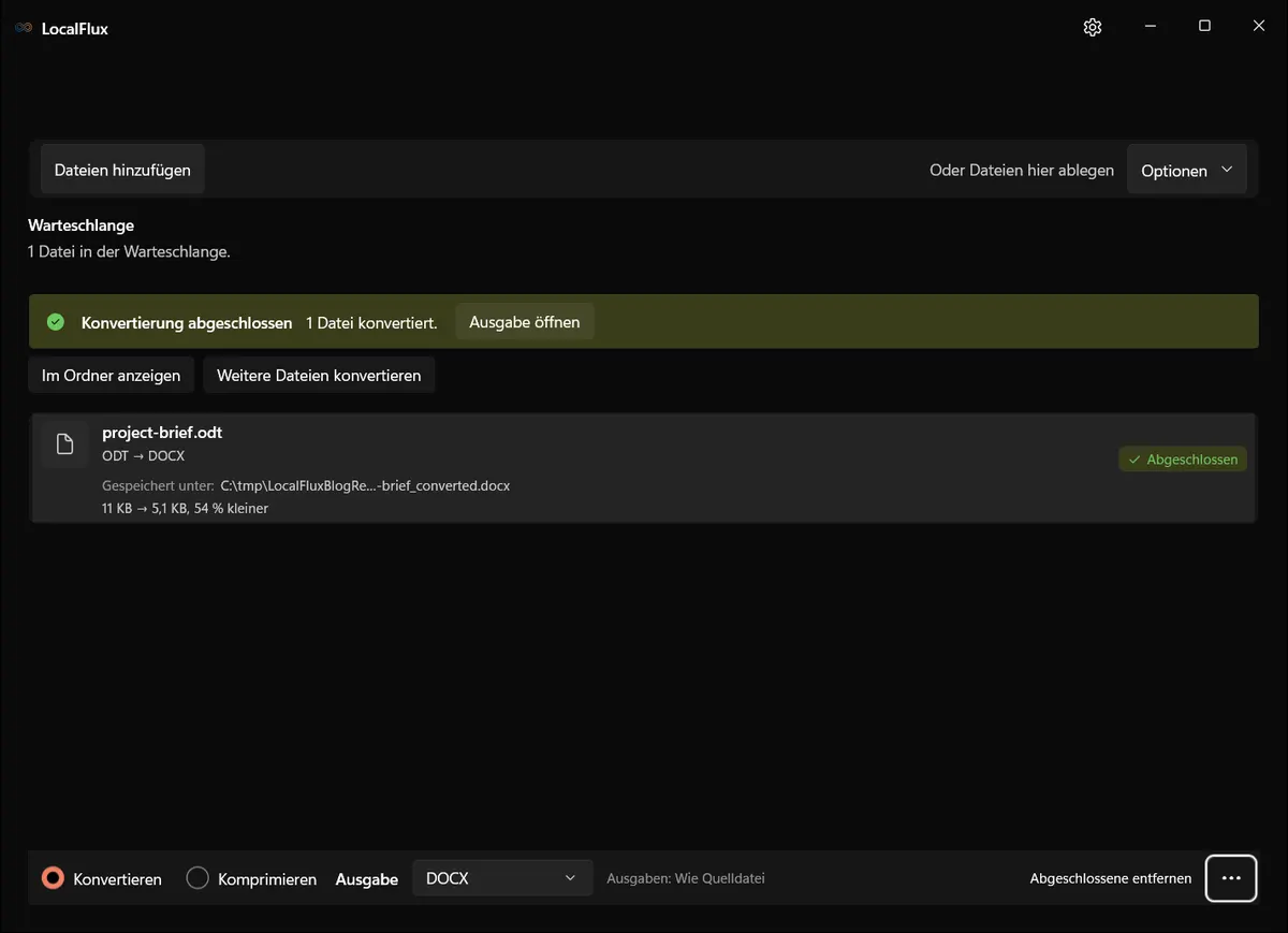 Ergebnis in LocalFlux abgeschlossen: ODT → DOCX