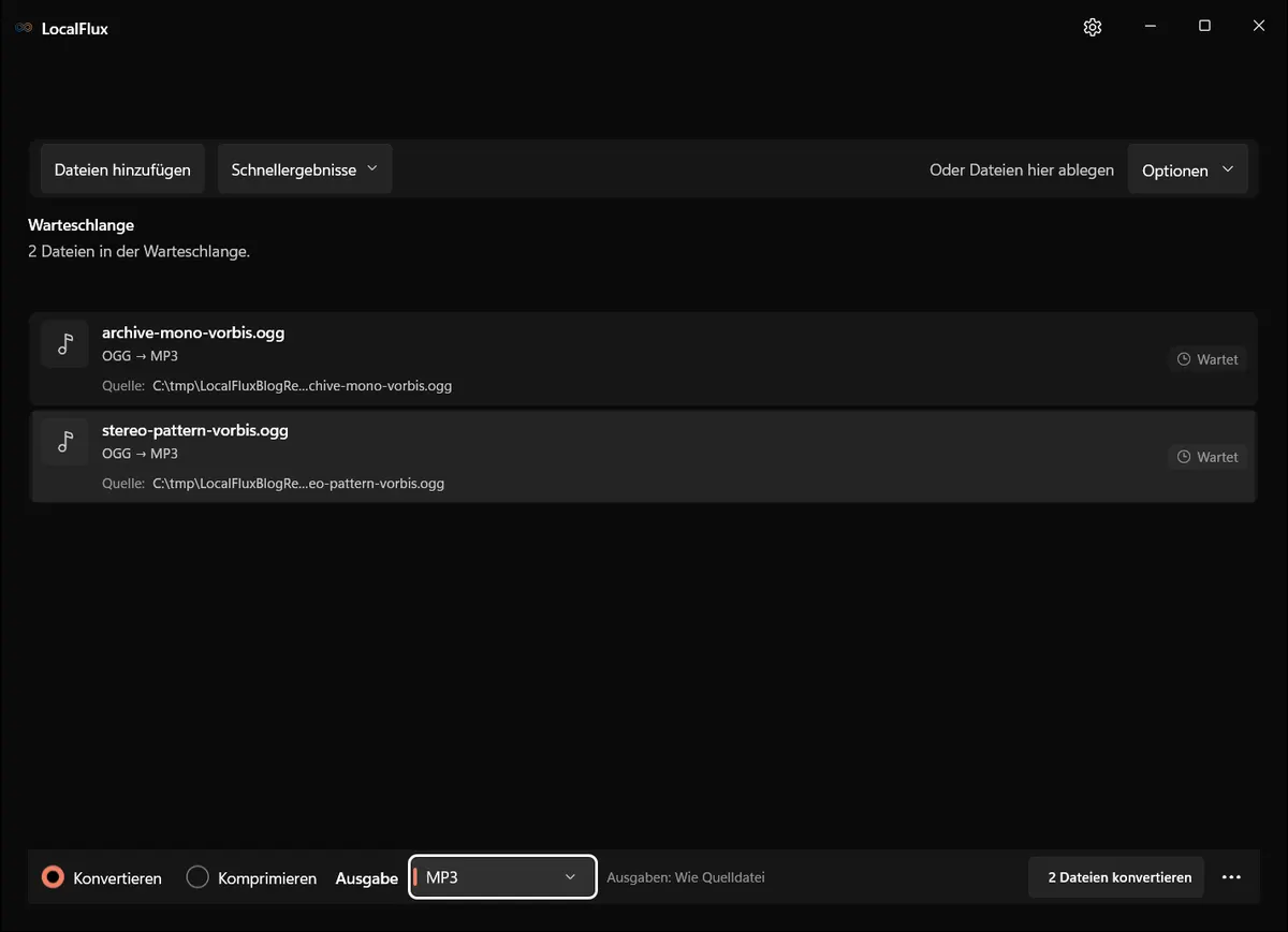 Zwei OGG-Vorbis-Dateien sind für die MP3-Konvertierung vorbereitet