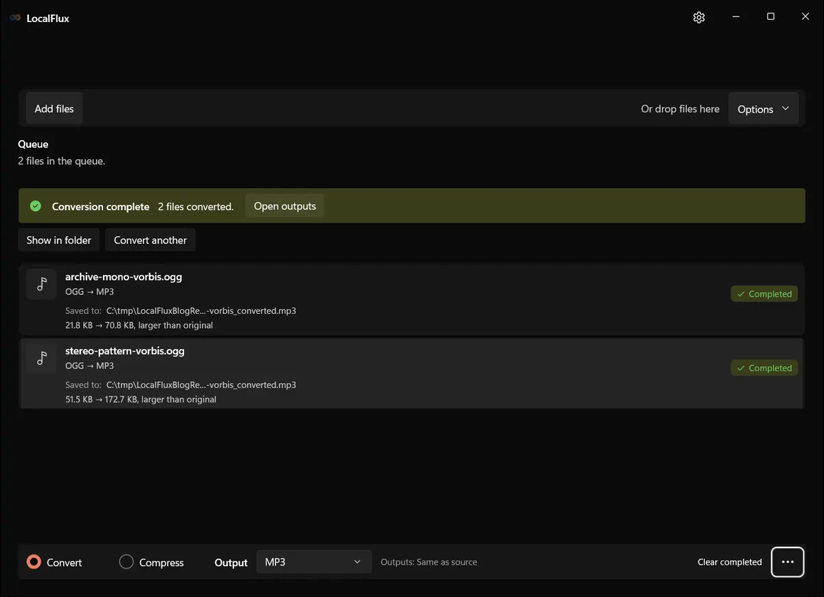 LocalFlux showing two completed OGG to MP3 conversions