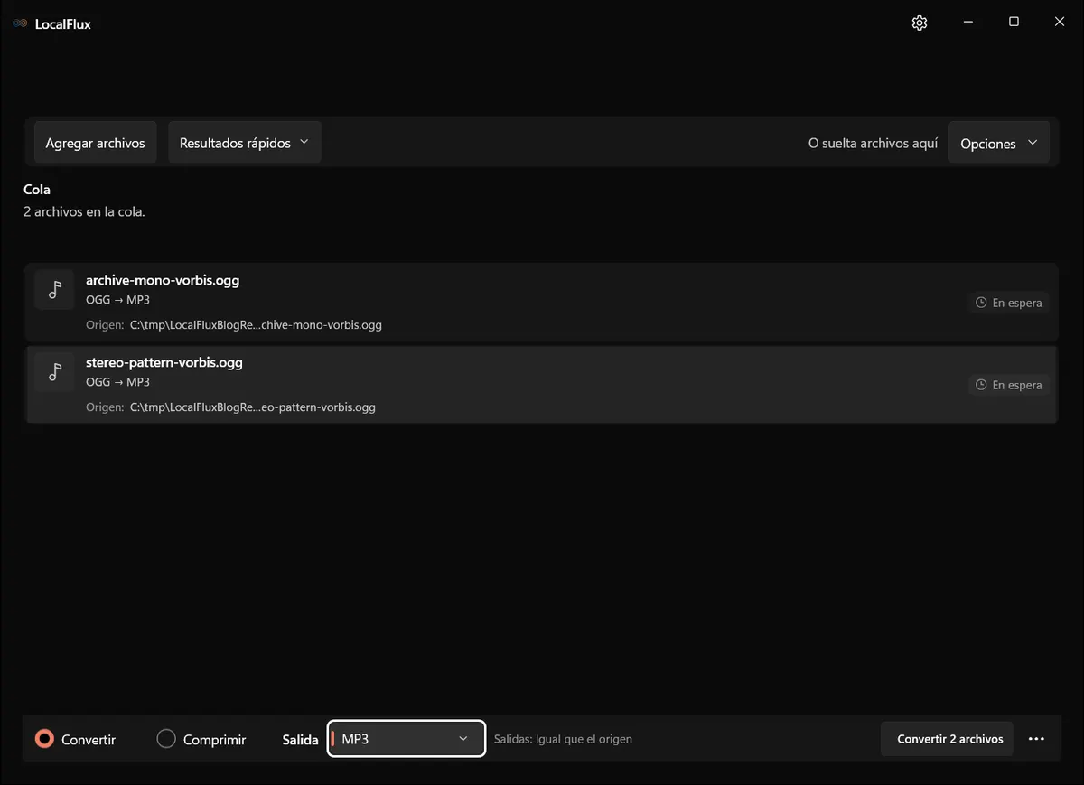 Dos archivos OGG Vorbis preparados para convertirse a MP3