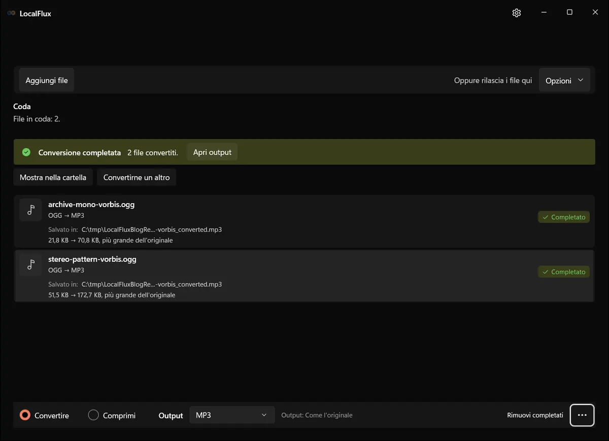 LocalFlux mostra due conversioni da OGG a MP3 completate