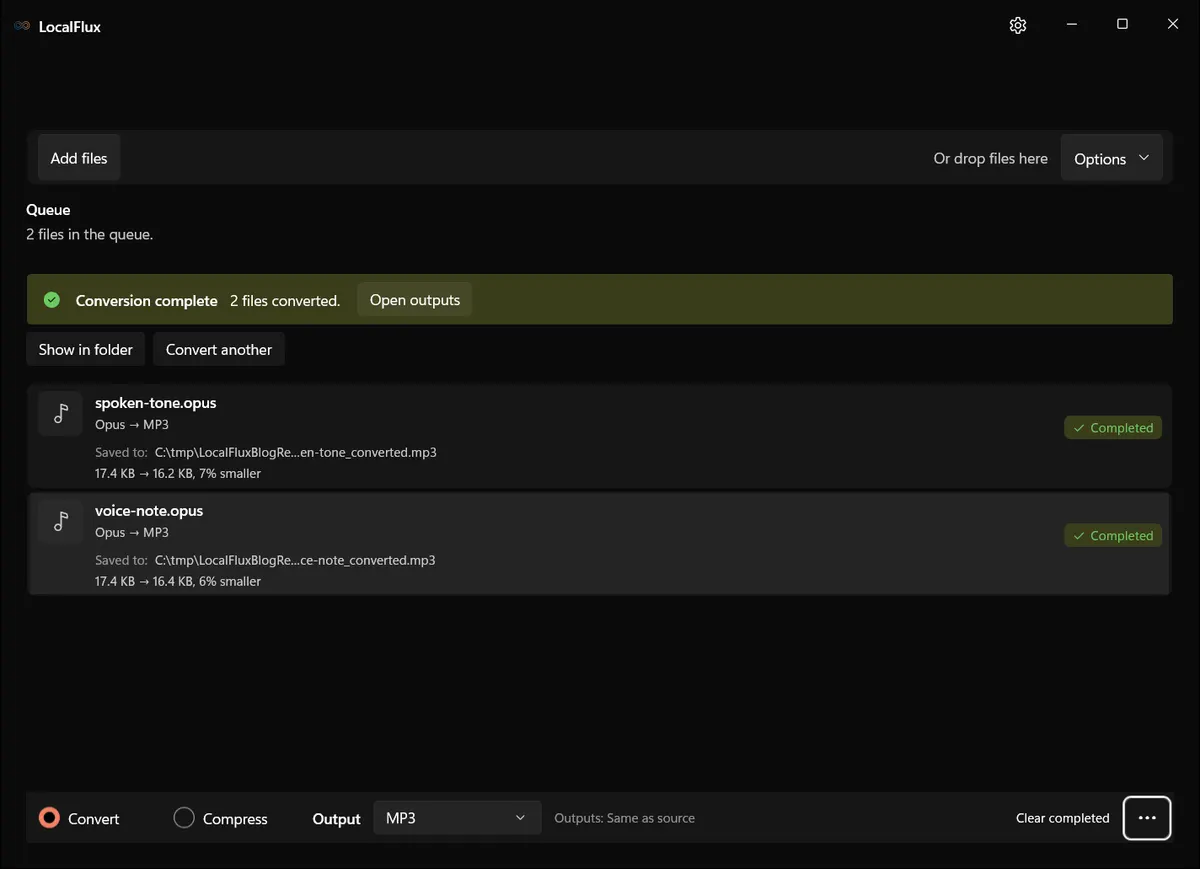 Completed Opus to MP3 conversion in LocalFlux
