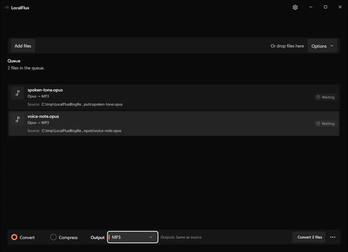 LocalFlux ready to convert Opus to MP3