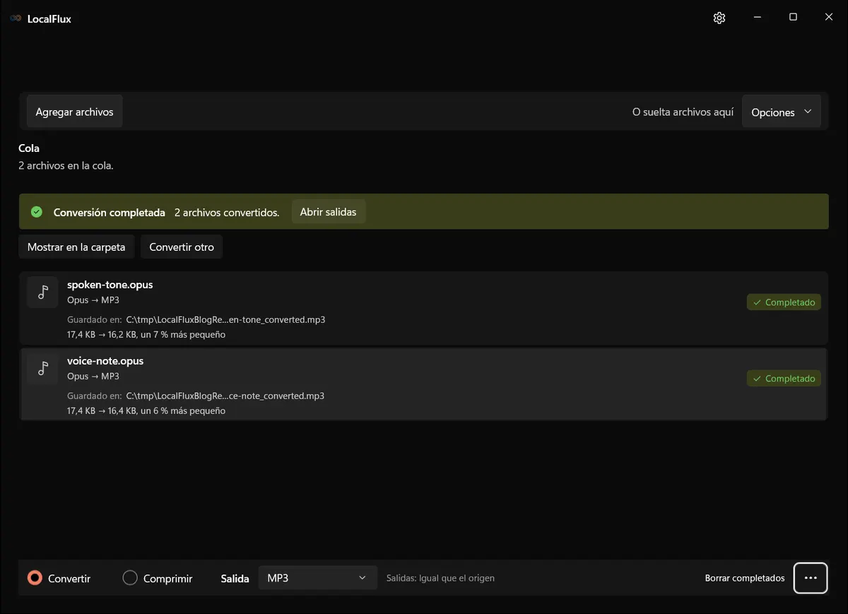 Conversiones Opus a MP3 completadas
