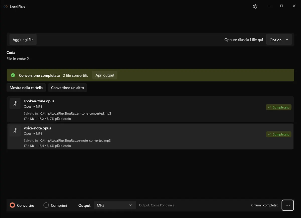 Conversione da Opus a MP3 completata in LocalFlux