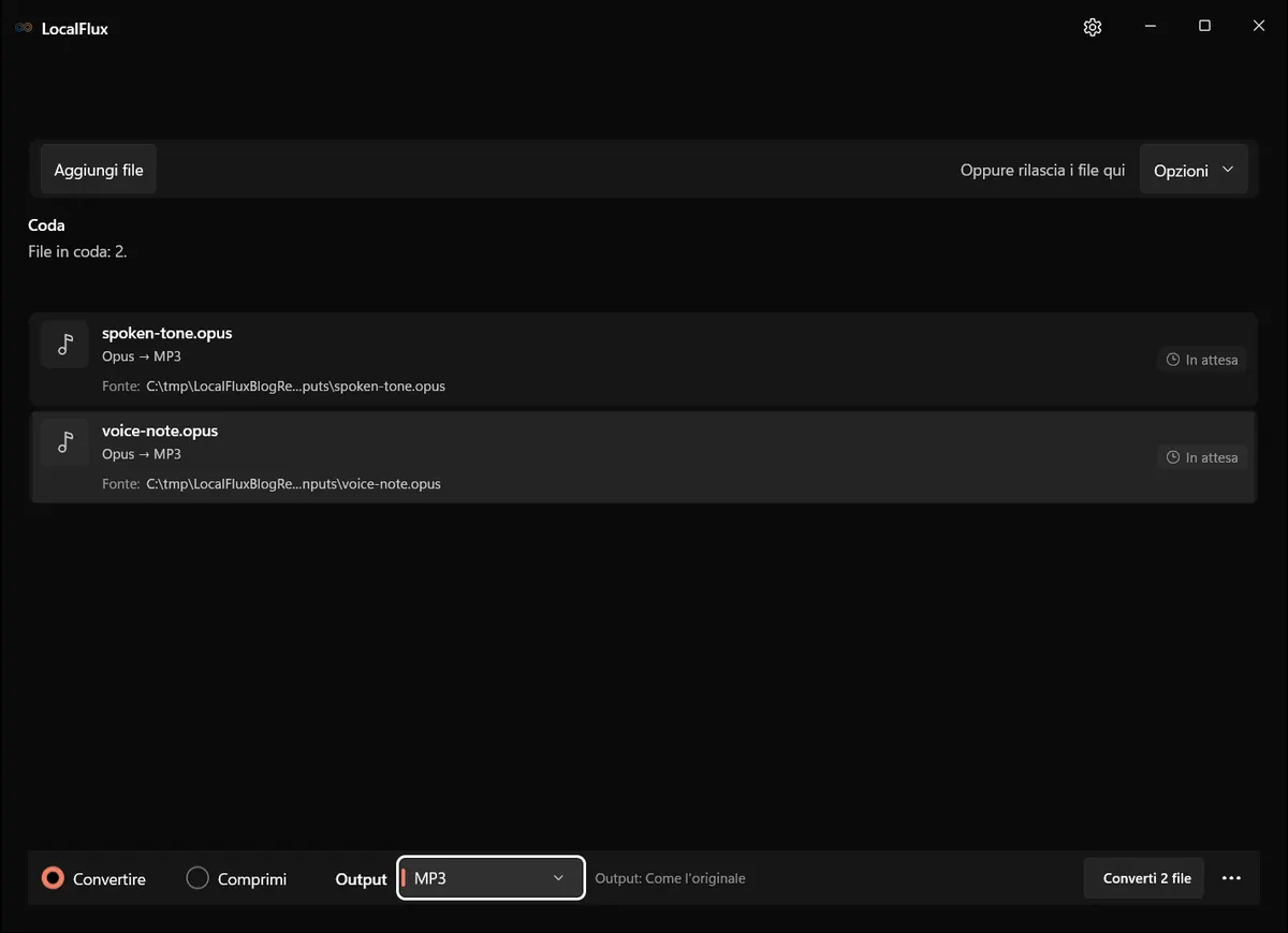 LocalFlux pronto a convertire Opus in MP3