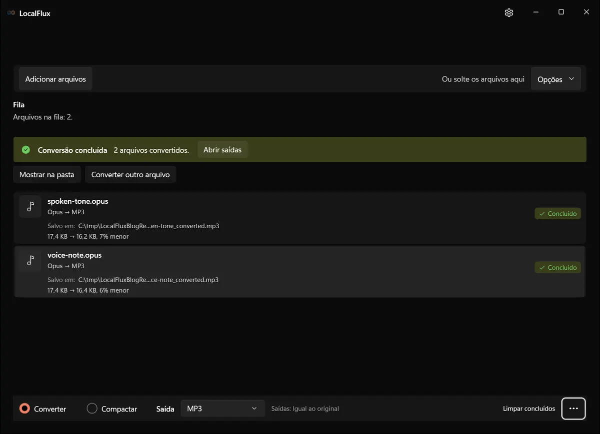 Conversão concluída de Opus para MP3 no LocalFlux