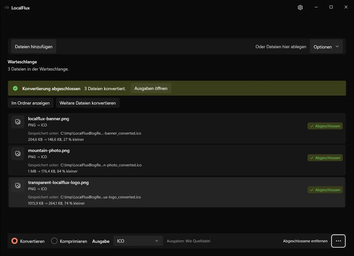 LocalFlux zeigt drei abgeschlossene PNG-zu-ICO-Konvertierungen mit gemessenen Größenänderungen.