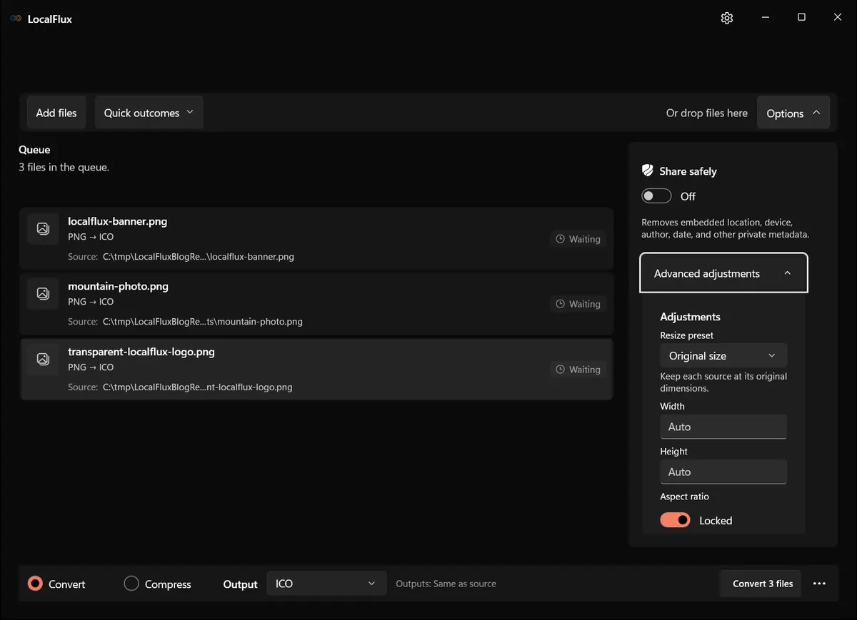 LocalFlux ICO options showing Share safely off, Original size, automatic dimensions, and a locked aspect ratio.