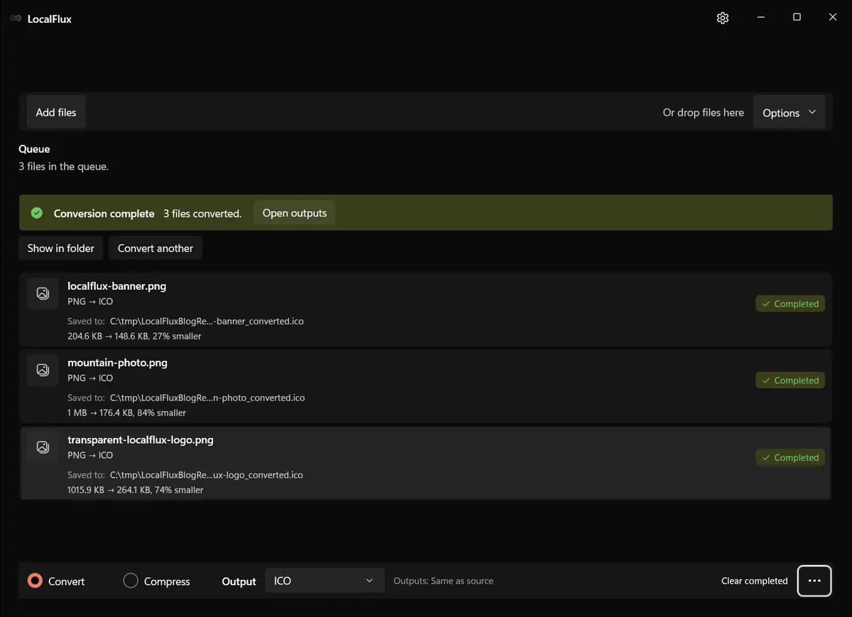 LocalFlux showing three completed PNG-to-ICO conversions with measured size changes.