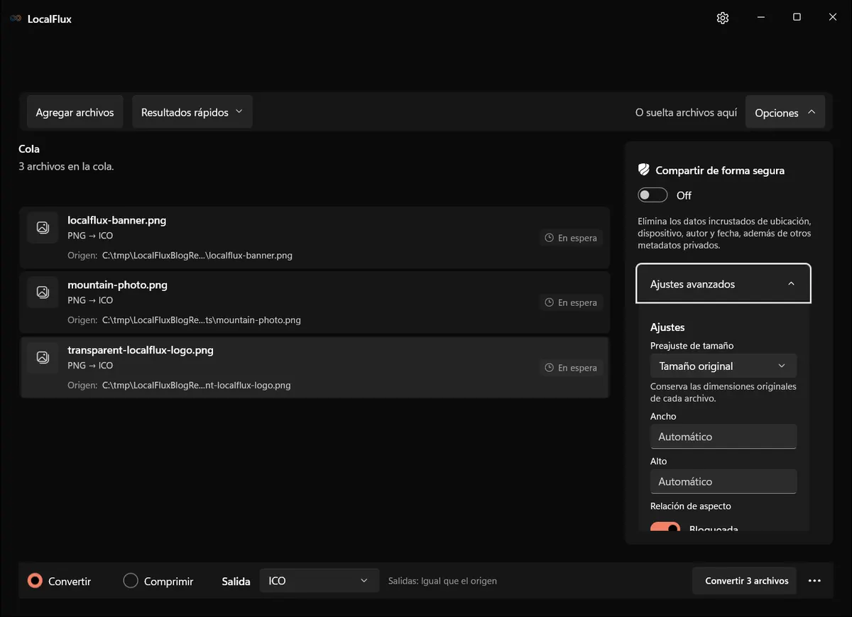 Opciones ICO de LocalFlux con Compartir de forma segura desactivado, tamaño original, dimensiones automáticas y proporción bloqueada.