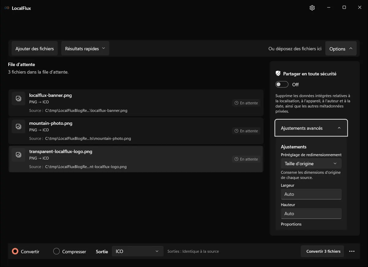 Options ICO de LocalFlux avec Partager en toute sécurité désactivé, taille d’origine, dimensions automatiques et ratio verrouillé.