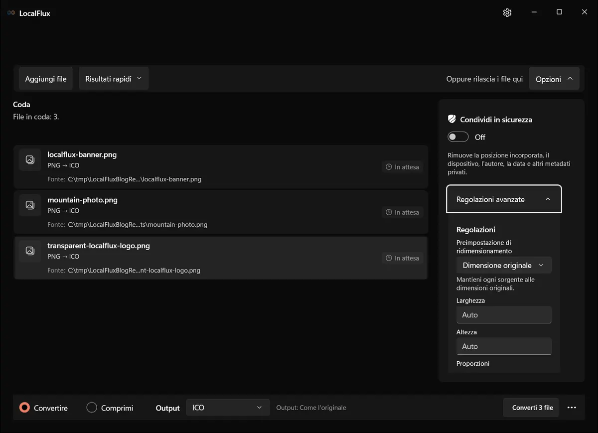 Le opzioni ICO di LocalFlux mostrano Condividi in sicurezza disattivato, Dimensione originale, dimensioni automatiche e proporzioni bloccate.