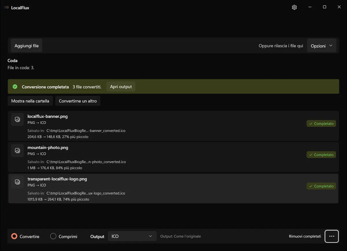 LocalFlux mostra tre conversioni da PNG a ICO completate e le rispettive variazioni misurate delle dimensioni dei file.