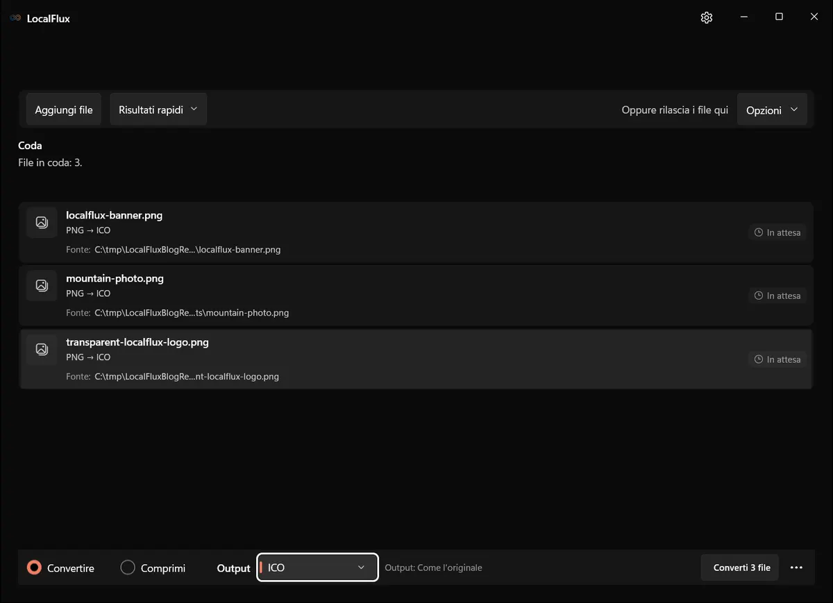 Tre file PNG in attesa in LocalFlux con ICO selezionato come output del batch.