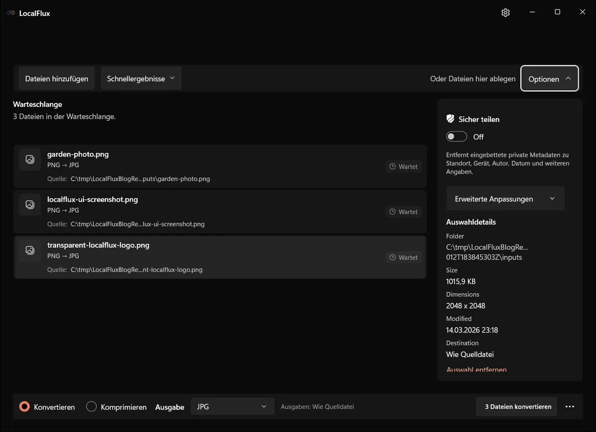 LocalFlux-Optionen mit deaktiviertem Sicher teilen, Originalgröße sowie automatischer Breite und Höhe.