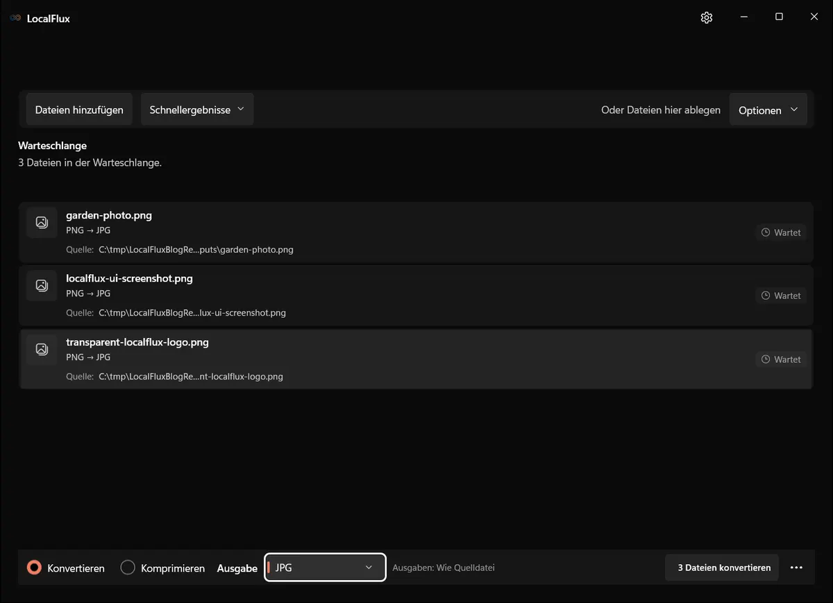 Drei PNG-Dateien warten in LocalFlux, JPG ist als Stapelausgabe gewählt.