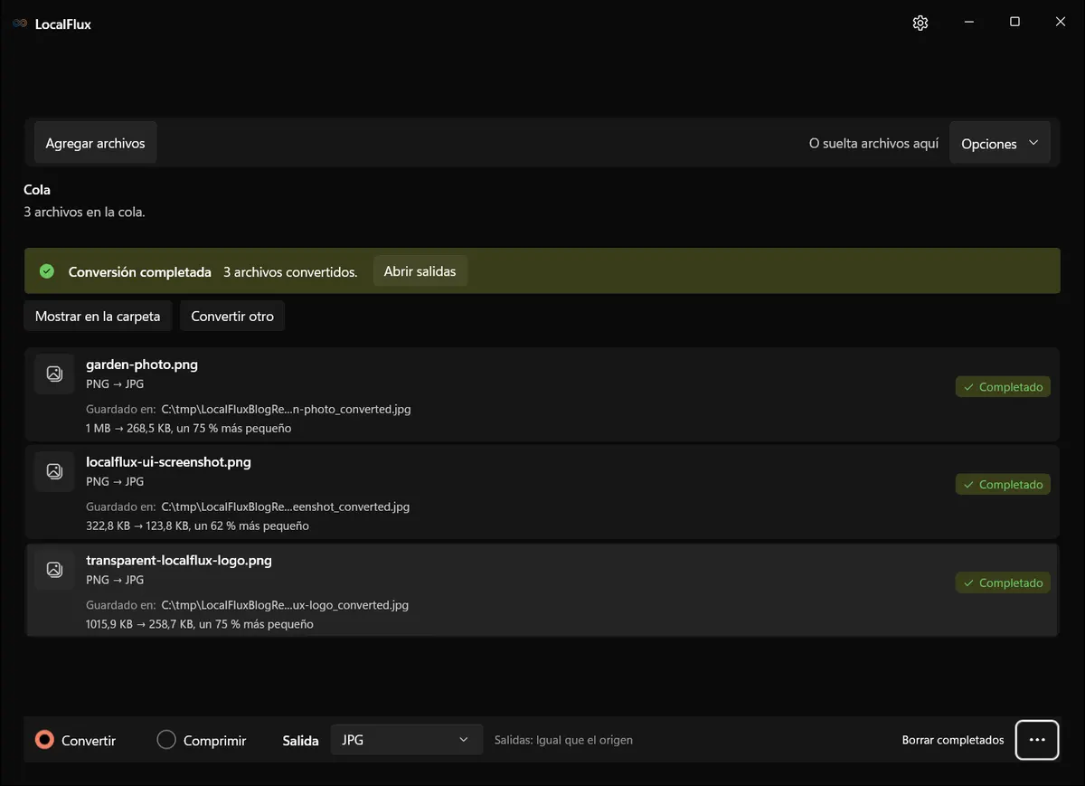 LocalFlux muestra tres conversiones de PNG a JPG completadas en una carpeta C tmp que no contiene datos personales.