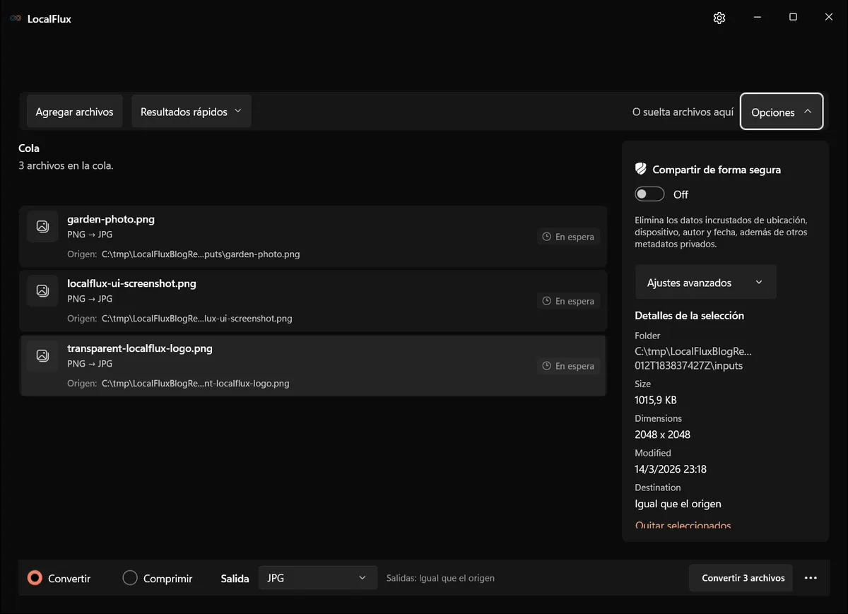 Opciones de LocalFlux con Compartir de forma segura desactivado, Tamaño original y anchura y altura automáticas.