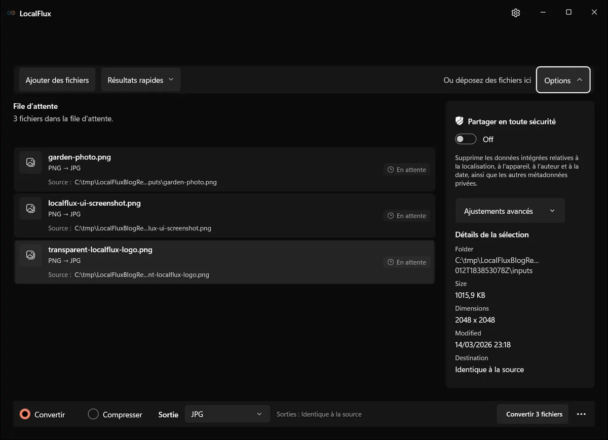Options LocalFlux avec Partager en toute sécurité désactivé, Taille d’origine, largeur et hauteur automatiques.