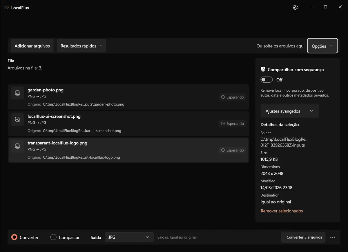 Opções do LocalFlux mostrando Compartilhar com segurança desativado, Tamanho original e largura e altura automáticas.