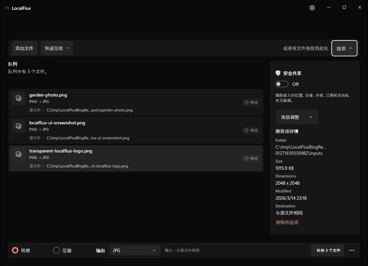 LocalFlux 选项显示“安全共享”关闭、原始尺寸以及自动宽高。