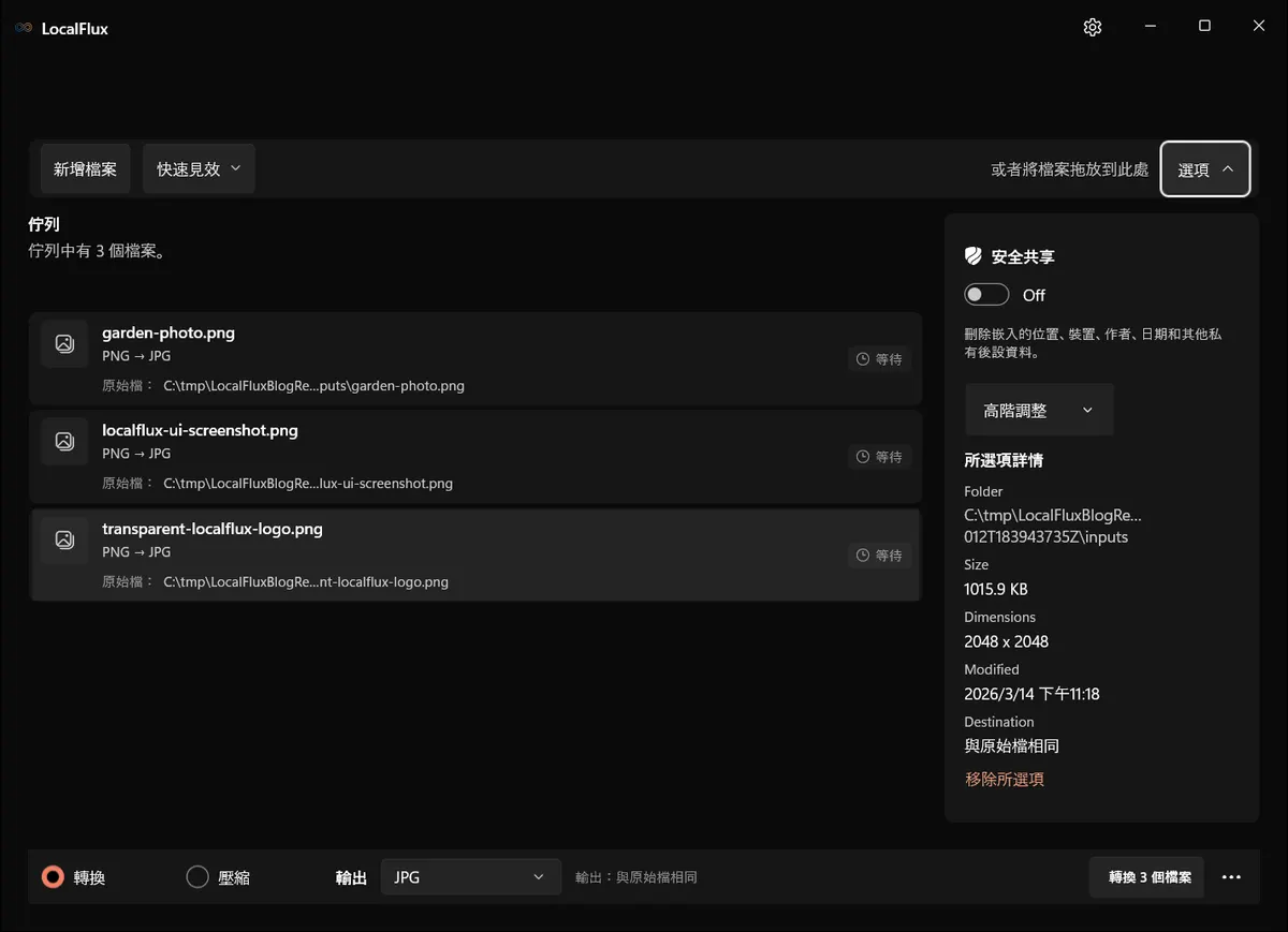 LocalFlux 選項顯示「安全共享」已關閉、「原始尺寸」，以及自動寬度與高度。