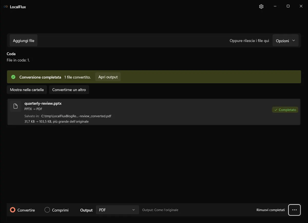 LocalFlux segnala il completamento di una conversione da PPTX a PDF.