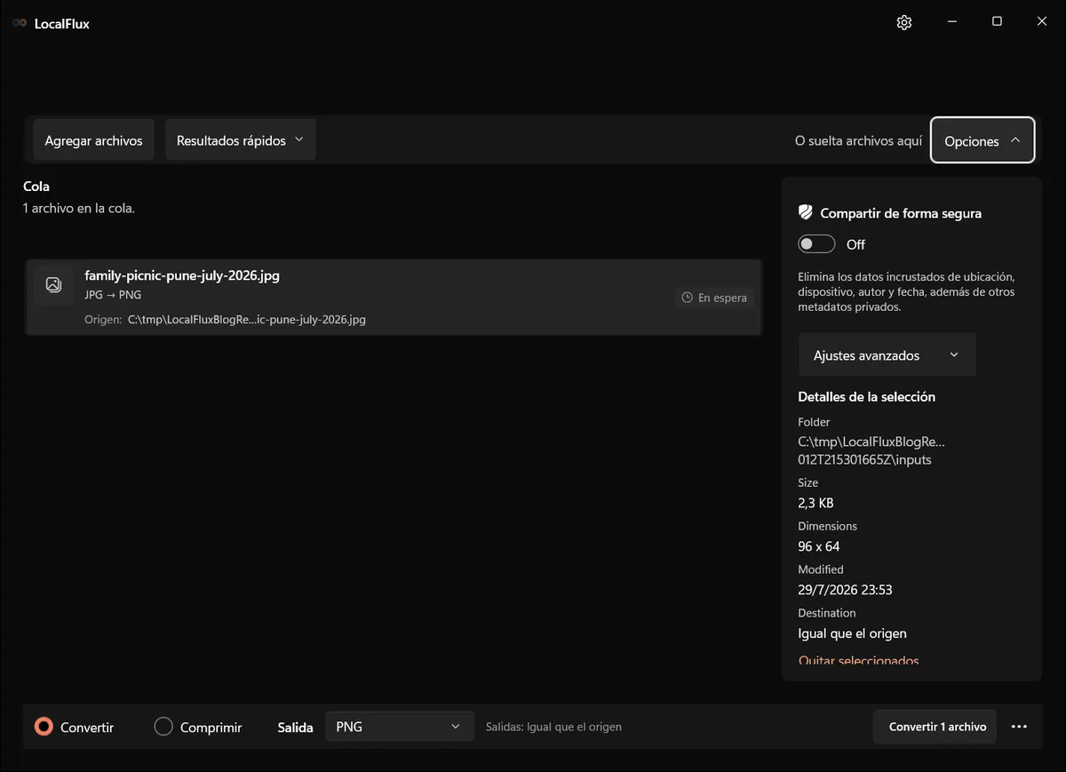 Un JPG con un nombre revelador en la cola de LocalFlux, con Compartir de forma segura visible pero todavía desactivado.