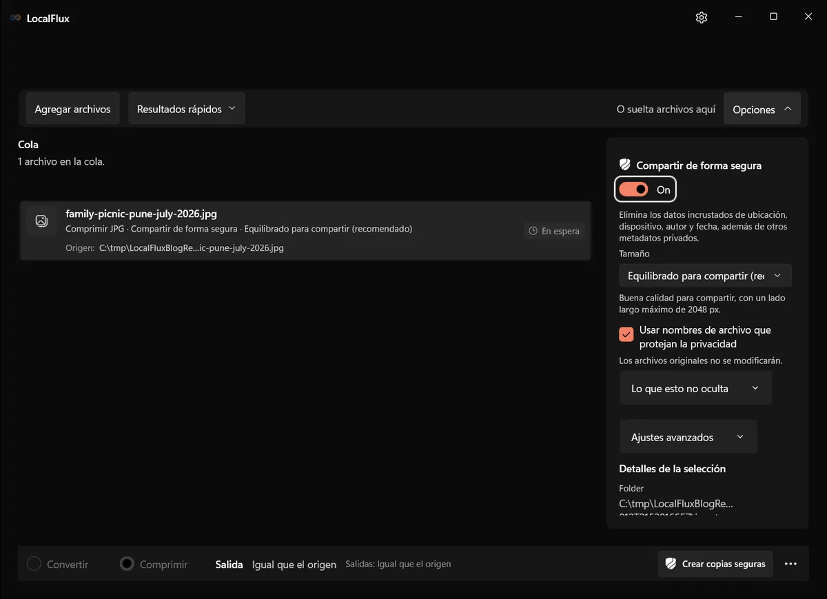 LocalFlux con Equilibrado para compartir, nombres de privacidad y el aviso de conservación del original.