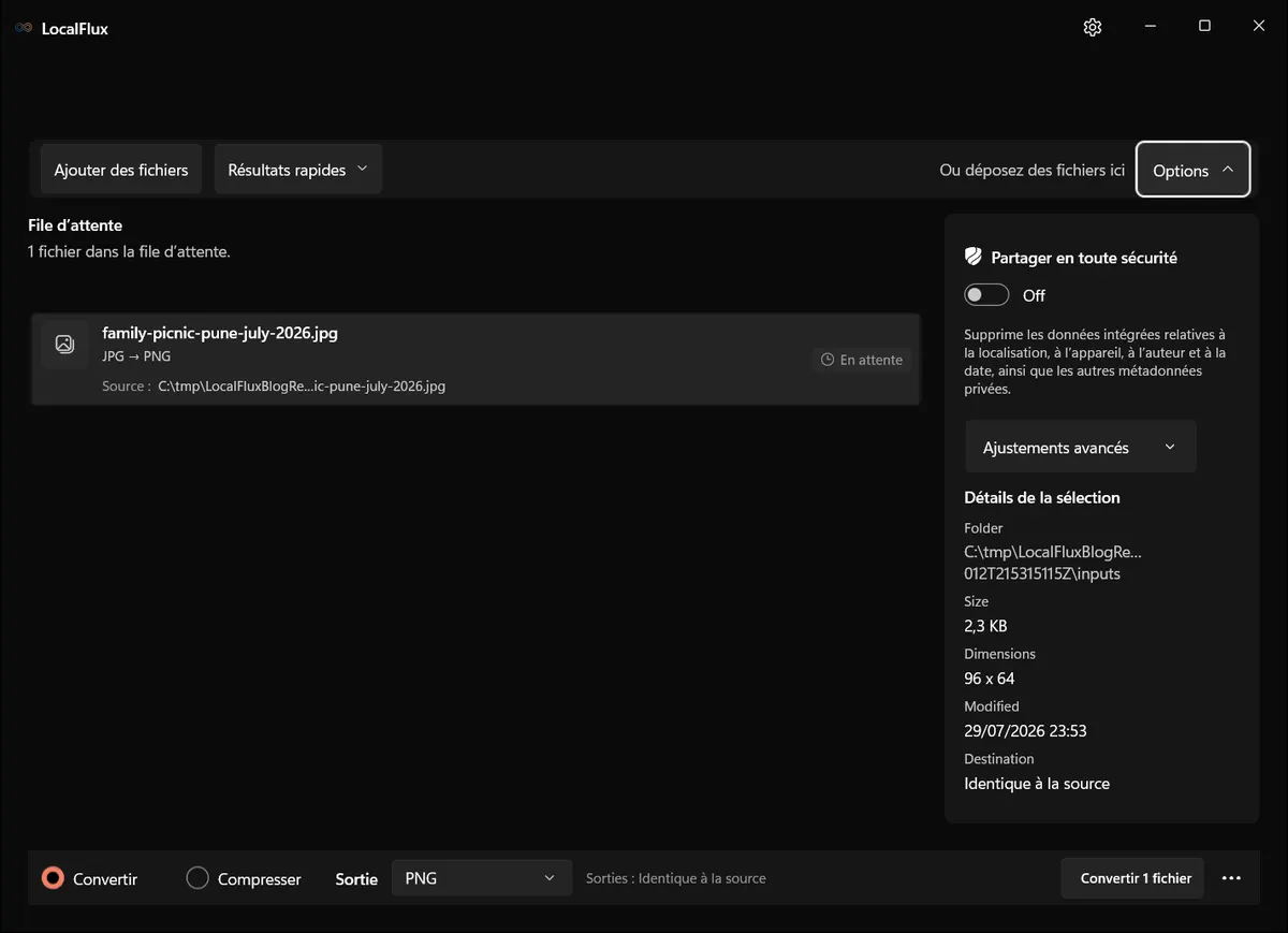 Un JPG au nom révélateur dans LocalFlux, avec Partager en toute sécurité visible mais encore désactivé.