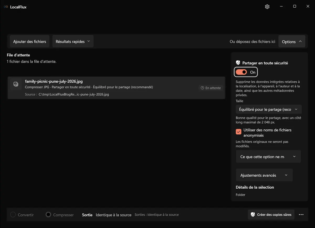 LocalFlux avec Équilibré pour le partage, le nom neutre activé et l’avis de conservation de l’original.