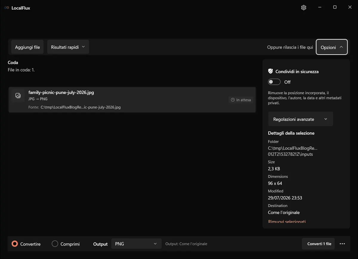 Un JPG con un nome rivelatore in coda su LocalFlux, con Condividi in sicurezza visibile ma non ancora attivo.