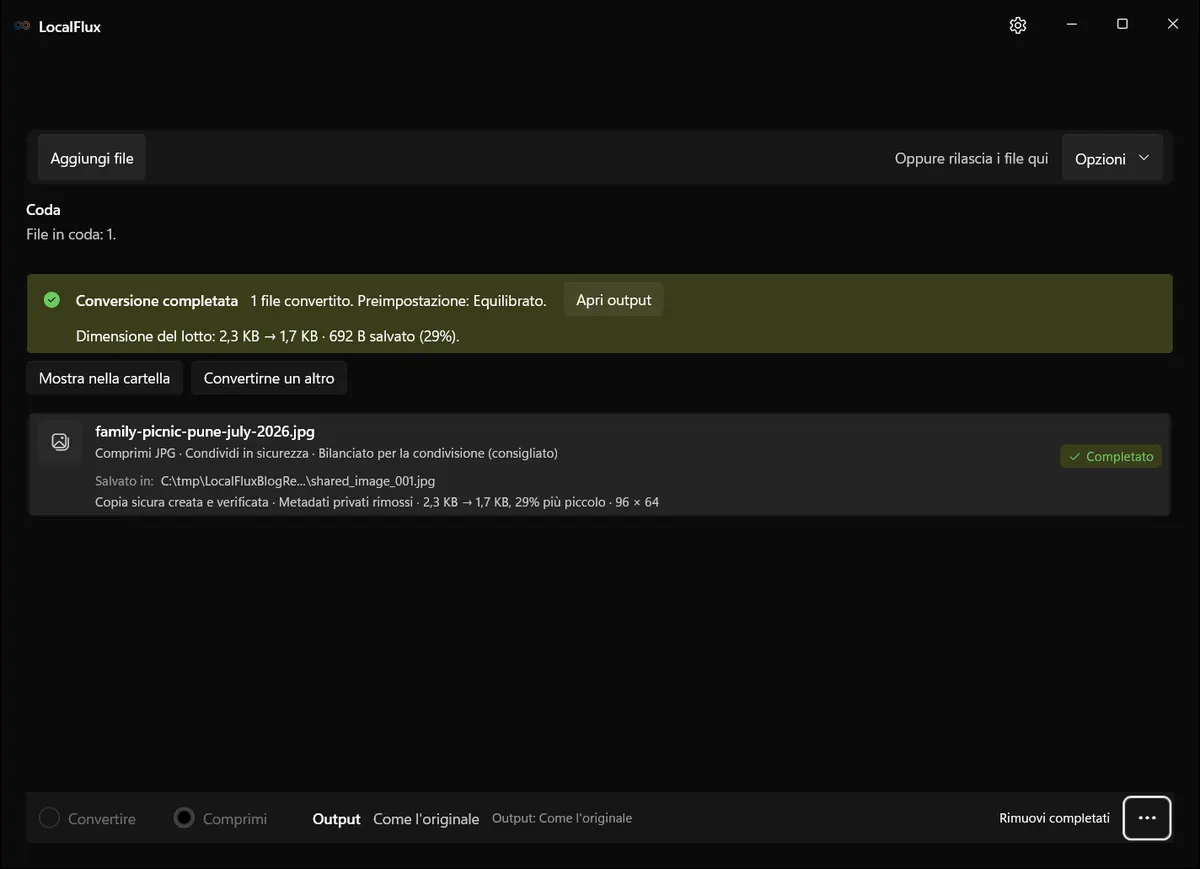 Una riga completata in LocalFlux che segnala la creazione e verifica di una copia sicura e la rimozione dei metadati privati.