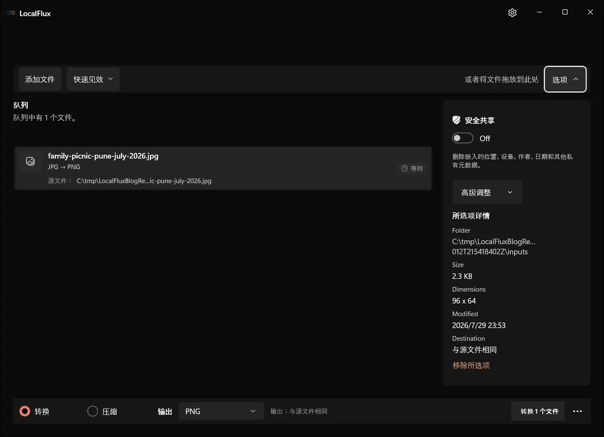 LocalFlux 中一个名称暴露信息的 JPG 已排队,安全共享可见但尚未启用。