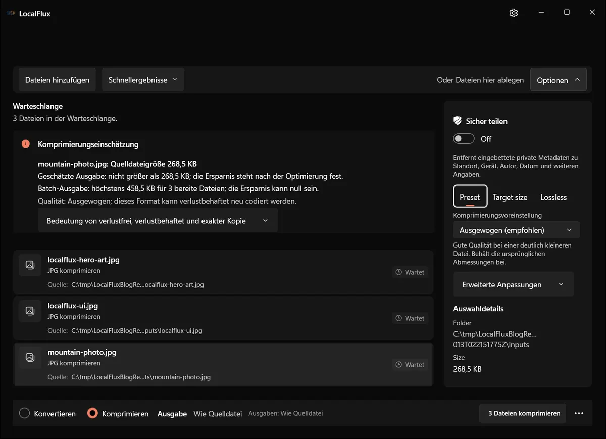 Komprimierungsmodus mit drei JPGs und ausgewogener Voreinstellung.