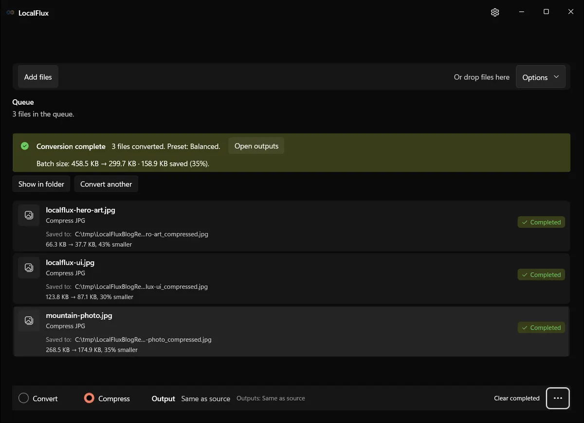LocalFlux showing the completed three-file compression batch.