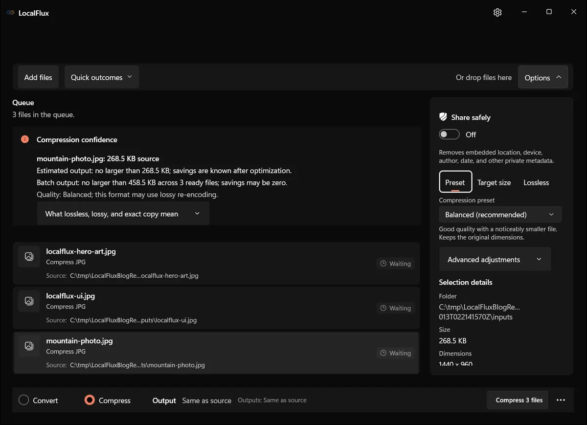 LocalFlux Compress mode loaded from the Windows 11 context menu.