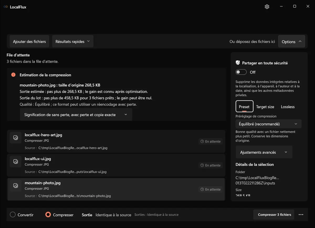 Mode Compresser avec trois JPG et le préréglage Équilibré.