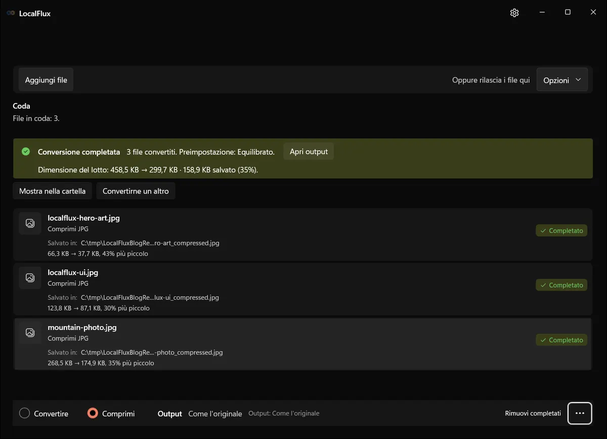LocalFlux mostra il batch di compressione di tre file completato.