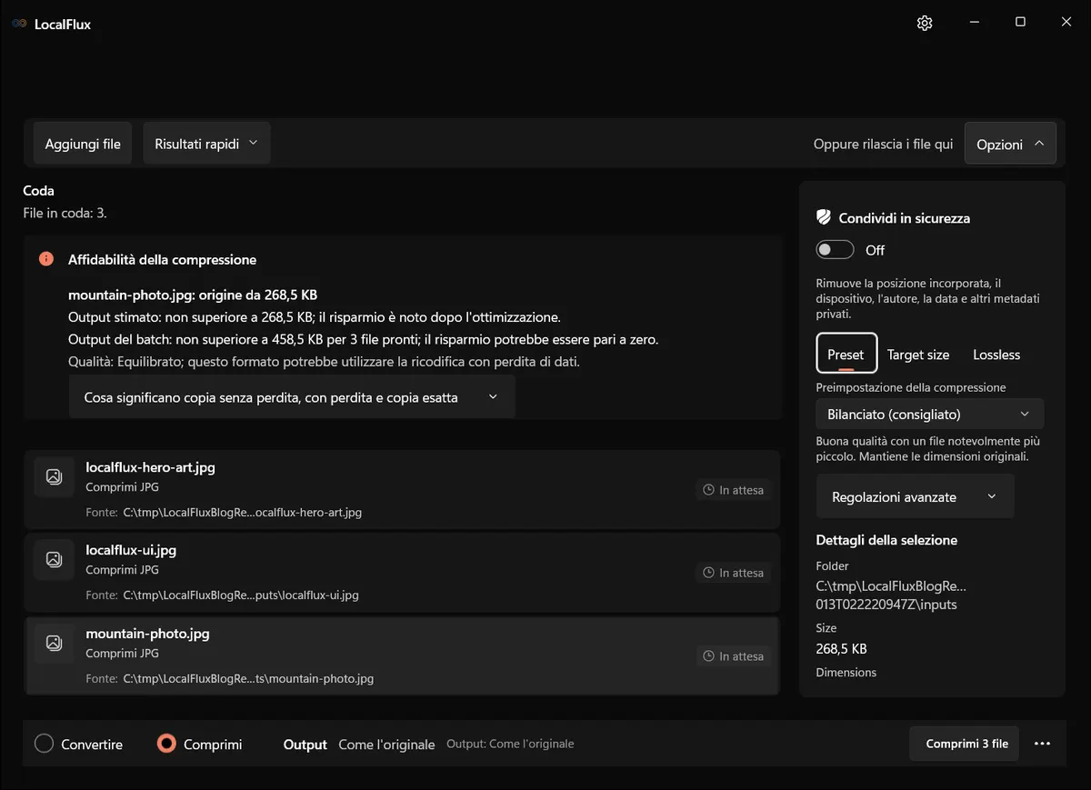 Modalità Comprimi di LocalFlux caricata dal menu di scelta rapida di Windows 11.