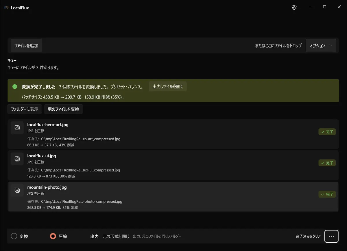 3件の圧縮が完了し、合計35パーセント削減された画面。