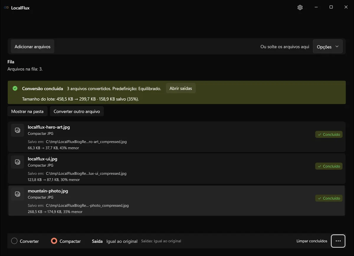 LocalFlux mostrando o lote concluído de compactação de três arquivos.