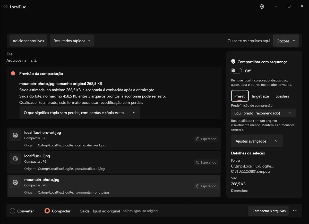 Modo Compactar do LocalFlux carregado pelo menu de contexto do Windows 11.