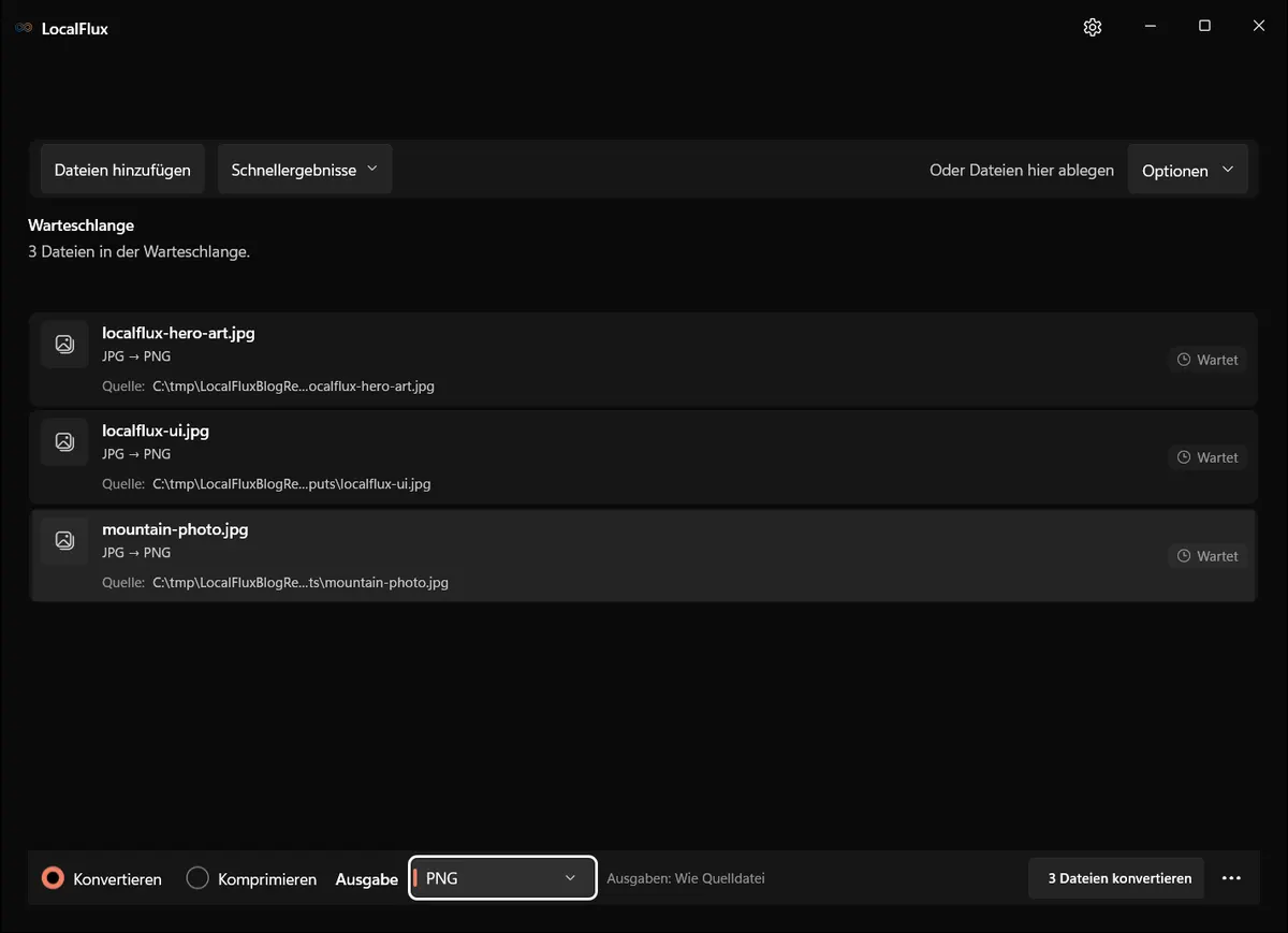 Drei JPG-Dateien mit gewählter PNG-Ausgabe.