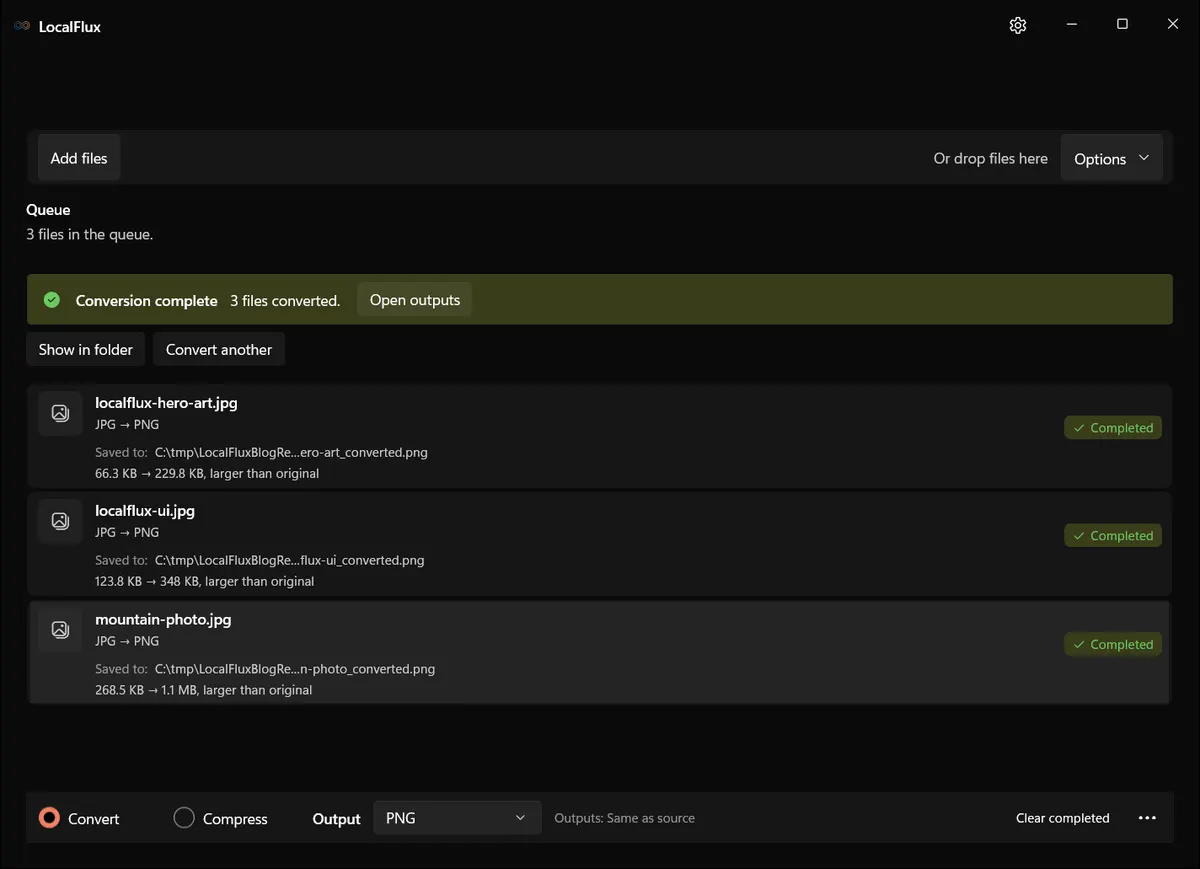 LocalFlux showing the completed JPG-to-PNG batch.