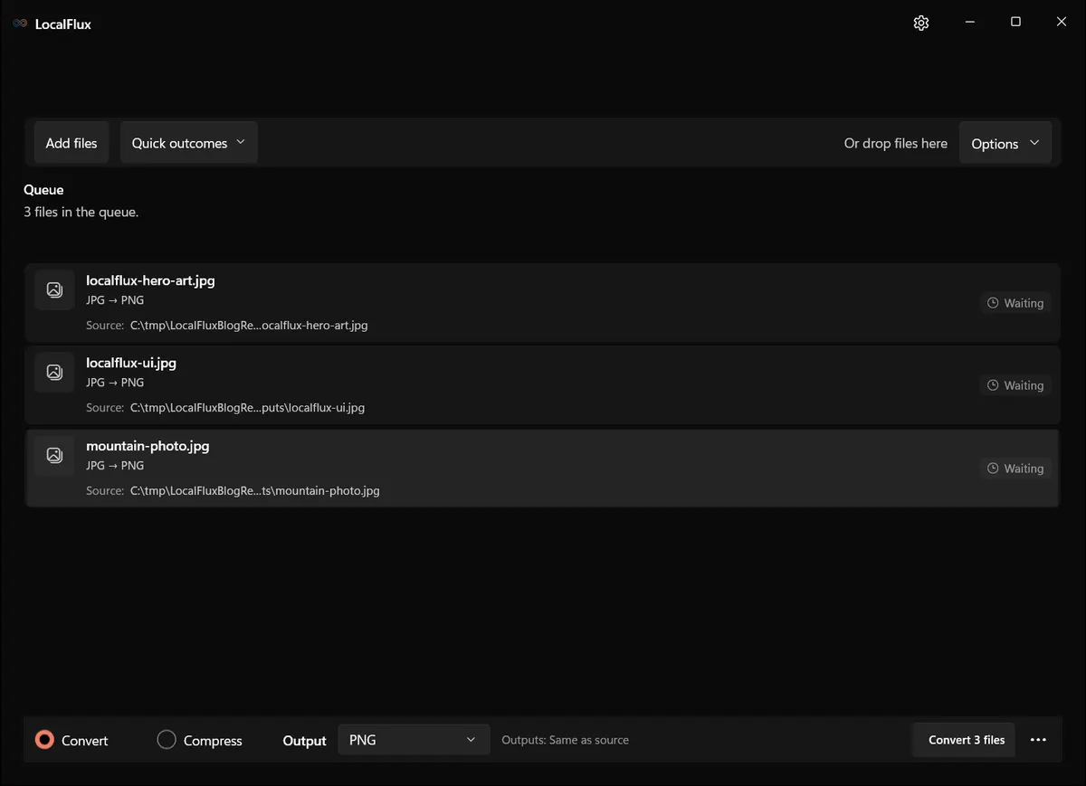Three JPG files loaded from the Windows 11 right-click Convert action.