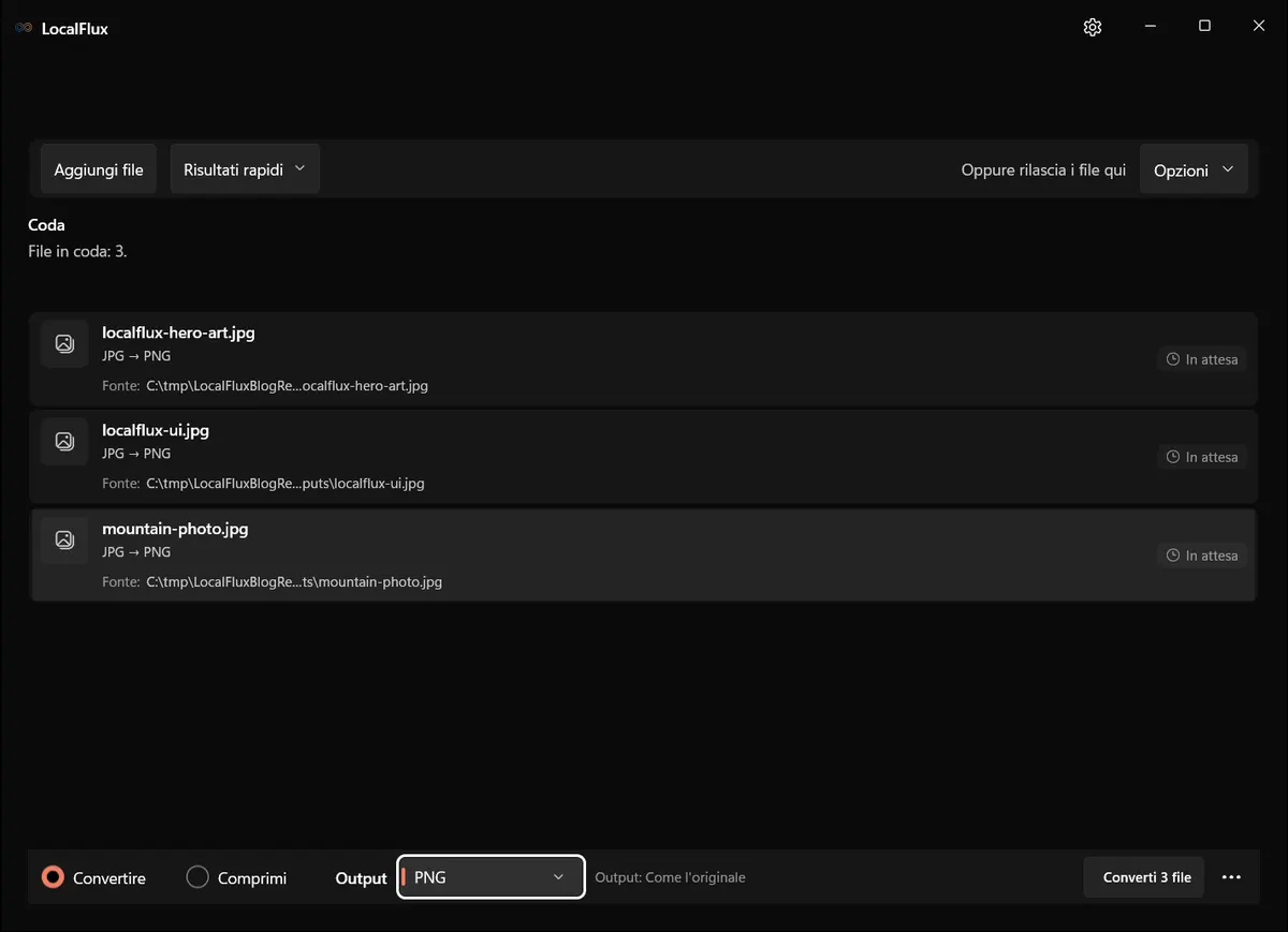 Tre file JPG caricati dall'azione Converti del menu di scelta rapida di Windows 11.