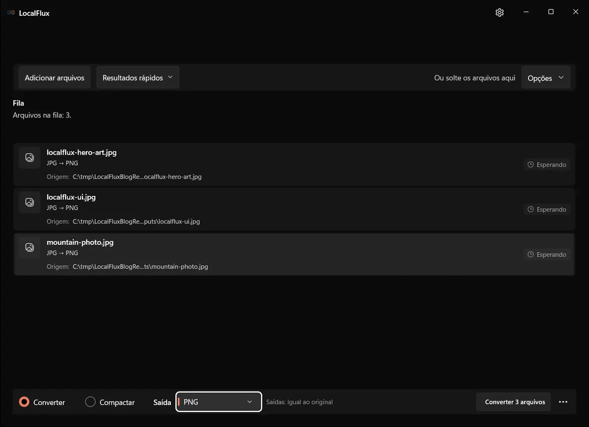 Três arquivos JPG carregados pela ação Converter do botão direito no Windows 11.