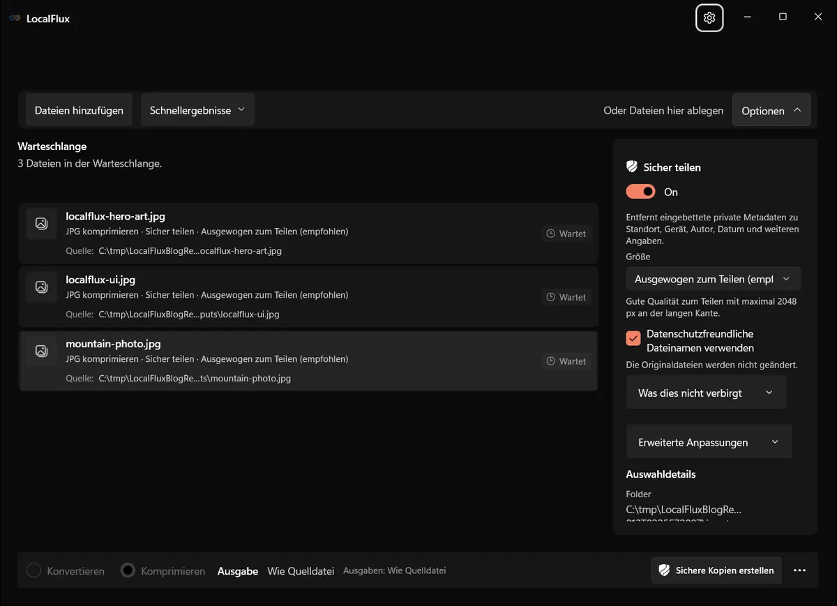 Freigabeoptimierung mit Metadatenentfernung und neutralen Dateinamen.